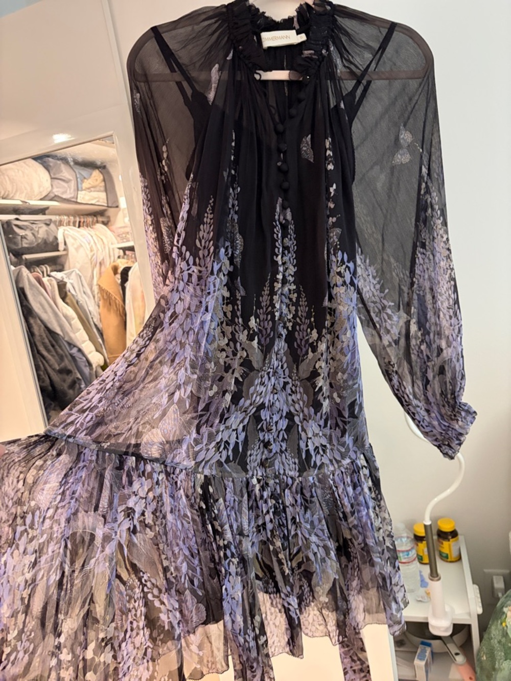 Zimmermann Black and Lavender Sheer Floral Long-Sleeve Dress